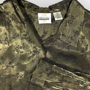 Vtg Womens Gold Lame Black Rose Button Down Long Sleeve Top Large Y2K Glam